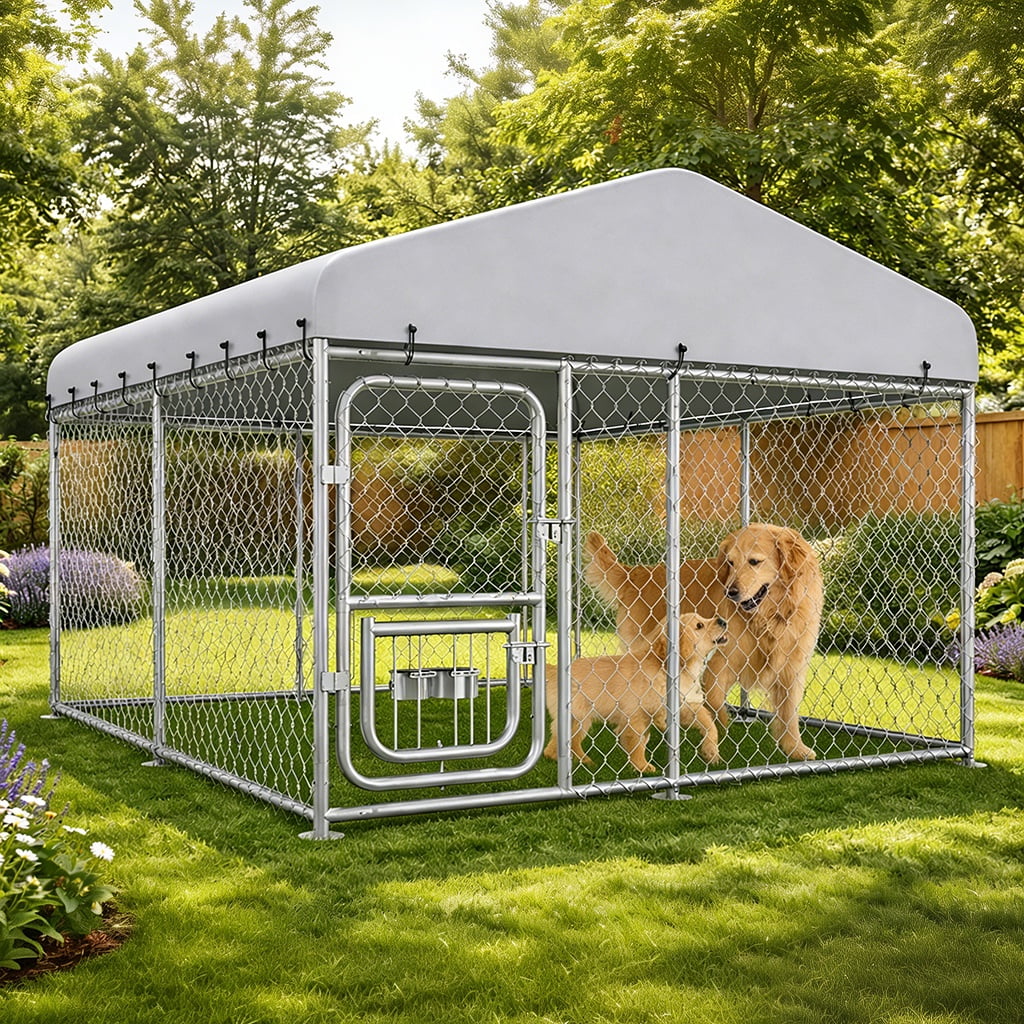 CLOUDREST PRO 7.5x7.5x6FT Outdoor Dog Kennel with Rotating Feeder Bowls, Waterproof UV-Reflective Roof, Heavy Duty Galvanized Welded Wire Steel, Secure Lock, Large Dog Cage Pen for Backyard