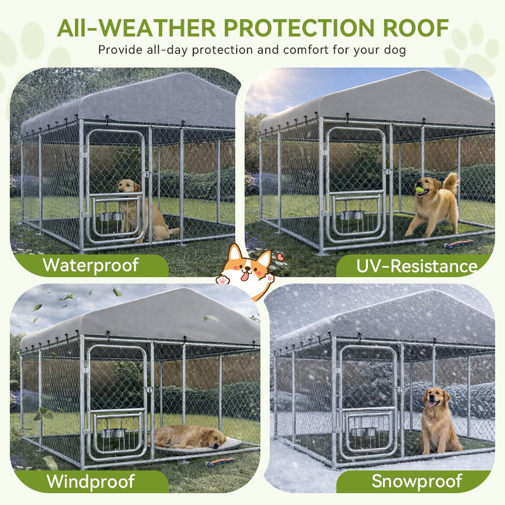 CLOUDREST PRO 7.5x7.5x6FT Outdoor Dog Kennel with Rotating Feeder Bowls, Waterproof UV-Reflective Roof, Heavy Duty Galvanized Welded Wire Steel, Secure Lock, Large Dog Cage Pen for Backyard