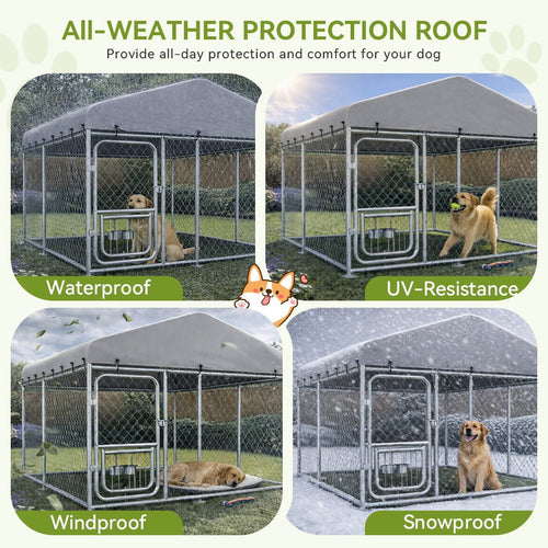CLOUDREST PRO 7.5x7.5x6FT Outdoor Dog Kennel with Rotating Feeder Bowls, Waterproof UV-Reflective Roof, Heavy Duty Galvanized Welded Wire Steel, Secure Lock, Large Dog Cage Pen for Backyard