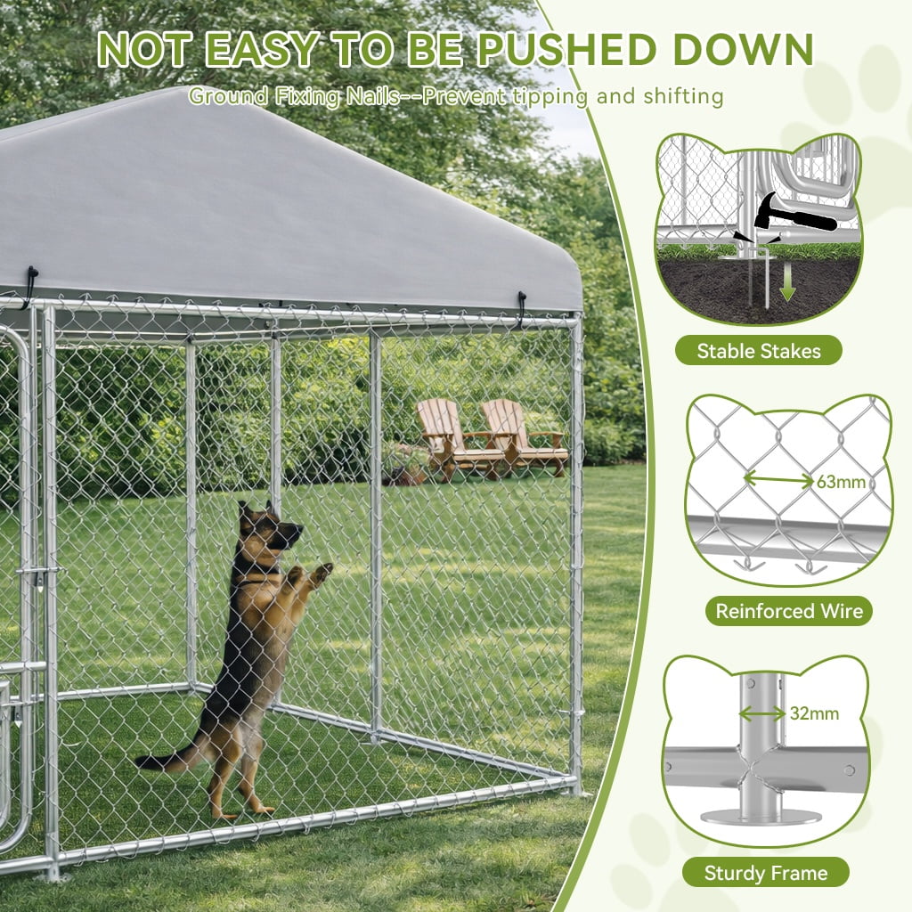 CLOUDREST PRO 7.5x7.5x6FT Outdoor Dog Kennel with Rotating Feeder Bowls, Waterproof UV-Reflective Roof, Heavy Duty Galvanized Welded Wire Steel, Secure Lock, Large Dog Cage Pen for Backyard