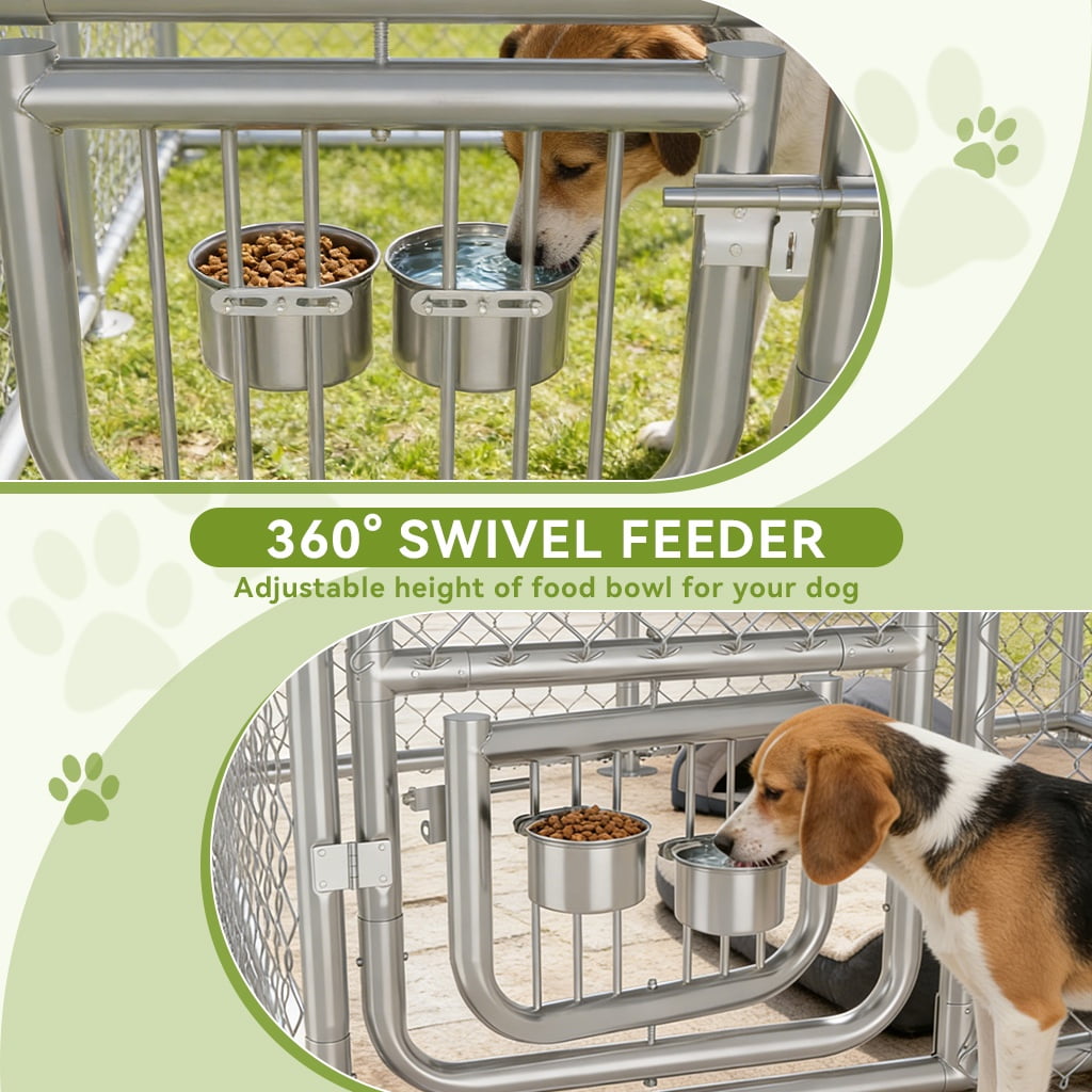 CLOUDREST PRO 7.5x7.5x6FT Outdoor Dog Kennel with Rotating Feeder Bowls, Waterproof UV-Reflective Roof, Heavy Duty Galvanized Welded Wire Steel, Secure Lock, Large Dog Cage Pen for Backyard