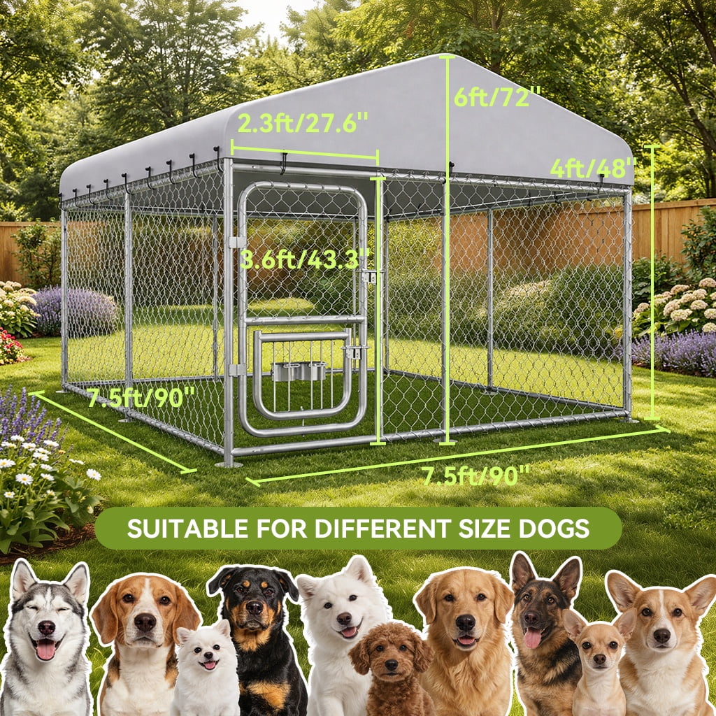 CLOUDREST PRO 7.5x7.5x6FT Outdoor Dog Kennel with Rotating Feeder Bowls, Waterproof UV-Reflective Roof, Heavy Duty Galvanized Welded Wire Steel, Secure Lock, Large Dog Cage Pen for Backyard