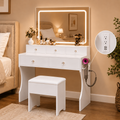 CLOUDREST PRO White Vanity Desk Set with Mirror, Makeup Vanity with LED Lights & 3 Color Modes, Adjustable Brightness, Built-in Power Strip, 5 Drawers, Dressing Table for Women Girls